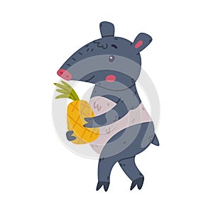 Cute Grey Tapir Animal with Proboscis Carrying Pineapple Fruit Vector Illustration