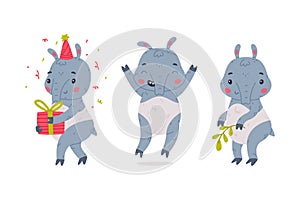 Cute Grey Tapir Animal with Proboscis Holding Gift Box and Jumping Vector Set