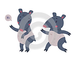 Cute Grey Tapir Animal with Proboscis Running and Greeting Vector Set