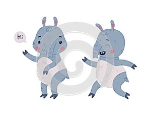 Cute Grey Tapir Animal with Proboscis Running and Saying Hi Vector Set