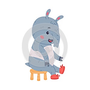 Cute Grey Tapir Animal with Proboscis Sitting on Chair Wearing Shoes Vector Illustration