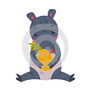 Cute Grey Tapir Animal with Proboscis Sitting with Pineapple Vector Illustration