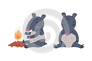 Cute Grey Tapir Animal with Proboscis Sitting with Sad Face and Warming at Fire Vector Set