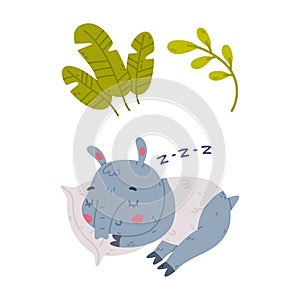 Cute Grey Tapir Animal with Proboscis Sleeping on Pillow and Green Foliage Vector Set