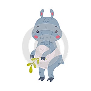 Cute Grey Tapir Animal with Proboscis Standing with Green Twig Vector Illustration