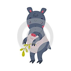 Cute Grey Tapir Animal with Proboscis Standing with Green Twig Vector Illustration