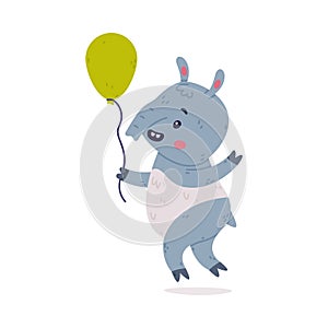 Cute Grey Tapir Animal with Proboscis Walking with Green Toy Balloon Vector Illustration