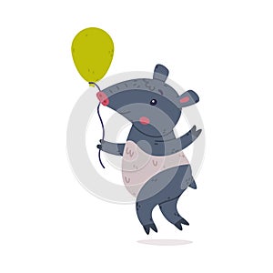 Cute Grey Tapir Animal with Proboscis Walking with Green Toy Balloon Vector Illustration