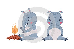 Cute Grey Tapir Animal with Proboscis Warming at Fire and Sitting with Sad Grimace Vector Set