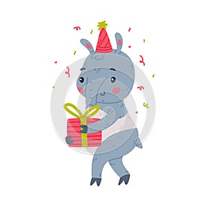 Cute Grey Tapir Animal with Proboscis Wearing Birthday Hat Carrying Gift Box Vector Illustration