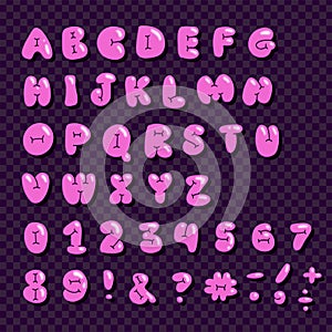 Cute groovy alphabet in retro kidcore cartoon style. Pink bubble typeface font. Flat Vector illustration