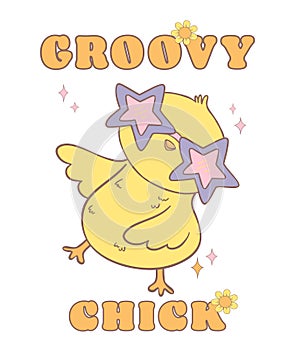 Cute Groovy Easter Chick wears star glasses. Playful cartoon doodle animal character hand drawing