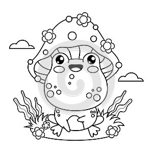 Cute groovy outline frog fly agaric. Funny cartoon animal kawaii character. Vector illustration. Line drawing, coloring