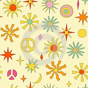 Cute Groovy Sun and Flowers Seamless Pattern in Yellow, Orange Colors. Retro Hippie Vector Print with Peace Symbol