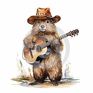 Cute Ground Beaver Playing Acoustic Guitar - Western-style Watercolor Portrait