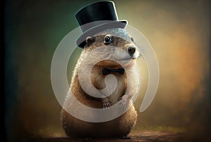 Cute Groundhog Wearing Top Hat Knows a Secret - Generative AI photo