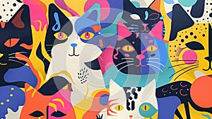 cute group of colorful cartoon cats abstract pattern background