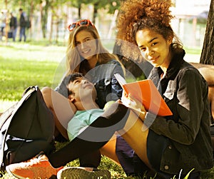 Cute group of teenages at the building of