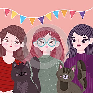 cute group women with cats animals pet cartoon