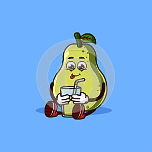 Cute Guava fruit character sitting with Guava juice. Fruit character icon concept isolated. Emoji Sticker. flat cartoon style