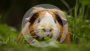 Cute guinea pig eating grass, looking at camera in meadow generated by AI