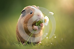 Cute guinea pig on green meadow with daisies in paws