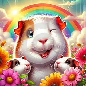 cute guinea pigs on a bright rainbow background