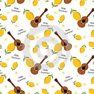 Cute guitar and summer lemon seamless pattern