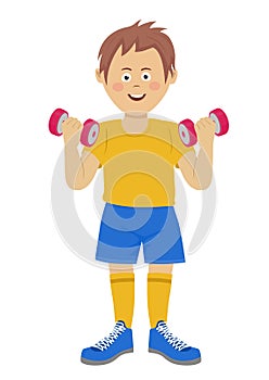 Cute guy raises heavy dumbbells. Sports and health concept