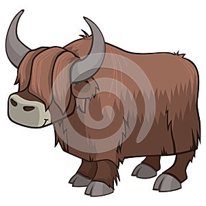 Cute Hairy Yak Vector Illustration Isolated on White with Big Horns