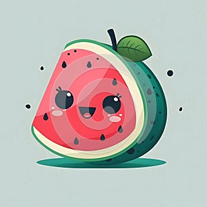 Cute half sliced watermelon berry with kawaii face and leaf. Cheerful and friendly food faces. Chibi happy cartoon characters