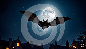 Cute hallloween bat on a full moon night with copy space photo