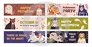 Cute Halloween banner designs set. Happy feline Helloween background templates with funny holiday kitties disguised in