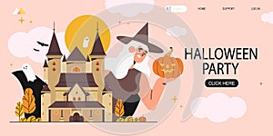 Cute Halloween banner, flyer, web page template or social media post with witch holding pumpkin and a haunted castle