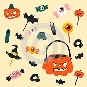 Cute halloween candy cartoon characters, stickers collection in hand drawn style.