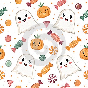 Cute Halloween candy ghosts and pumpkins pattern