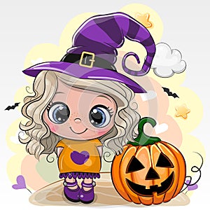 Halloween card with girl in a hat of witch on a yellow background