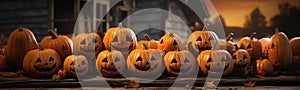 Cute Halloween carved pumpkins outside on Hallows Eve - generative AI