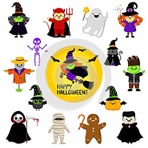 Cute Halloween characters in cartoon style. Set. Children in festive costumes. Vector clipart