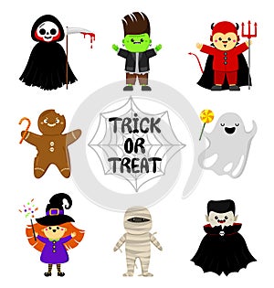 Cute Halloween characters in cartoon style. Set. Trick or treat. Vector