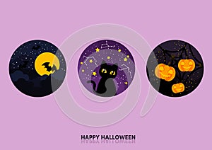 Cute Halloween circle logo banner  bats flying to the moon black cat in dark night and ghost pumpkins in forest