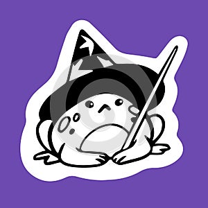 Cute Halloween frog in witch hat. Funny fairy-tale froggy magician with magic wand. Helloween fairytale character