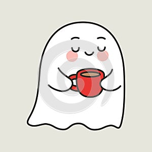 Cute Halloween Ghost Cartoon Vector Drinking Coffee