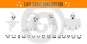 Cute Halloween Ghost Character Constructor. Hand drawn funny ghosts and spooky face expressions variations. Vector