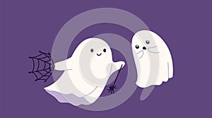 Cute halloween ghost vector illustration. Childish scary boo characters for kids. One ghost scares the other with a