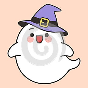 Cute Halloween Ghost Wearing Witch Hat Cartoon