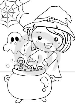 Cute Halloween Girl Witch and Animals Coloring Pages A4 for Kids and Adult