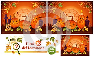 Cute Halloween holiday pumpkin light lantern characters on night cemetery. Find 10 difference children education logic game vector