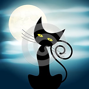 Cute Halloween illustration with full Moon, clouds and black cat