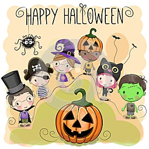 Cute Halloween illustration with kids